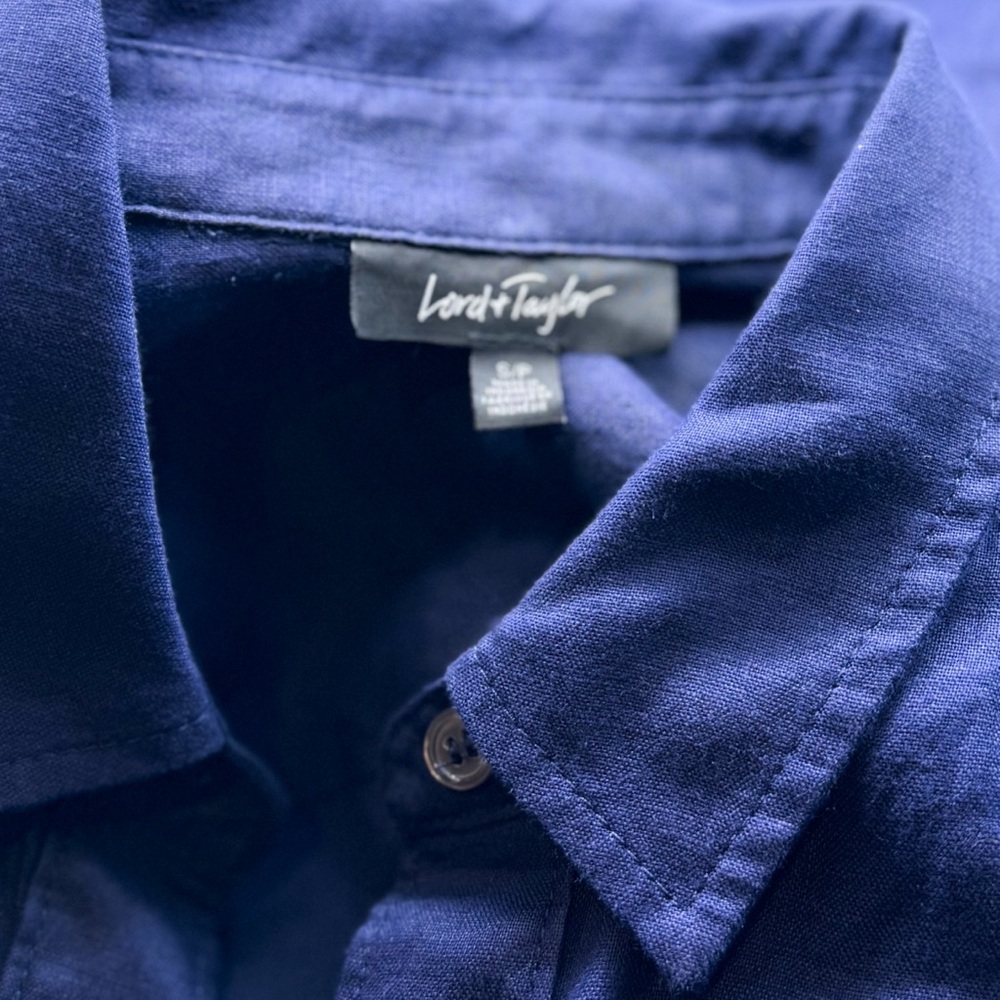LORD & TAYLOR 100% Linen Navy Women’s Shirt Size: Small/Petite Newly Dry Cleaned - Picture 3 of 5